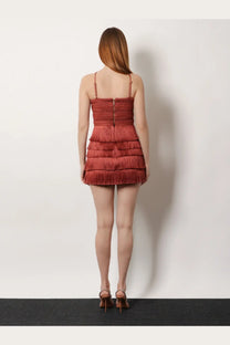 Patbo women’s terracotta mini dress with textured bodice and tiered fringe hem for stylish occasions