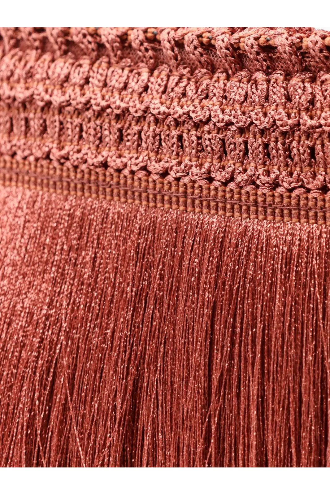Patbo women’s mini skirt brown with textured dusty rose knitted fringe detail and shimmering metallic finish