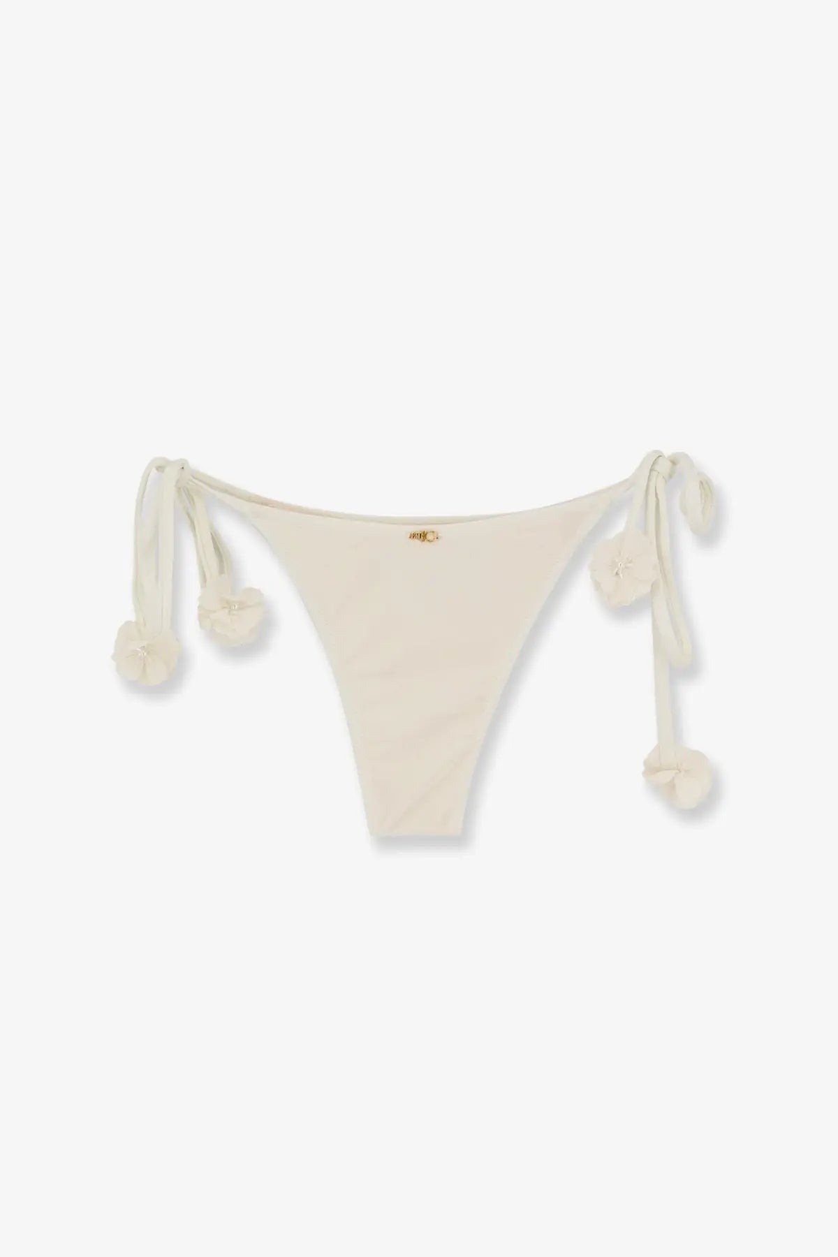 Patbo women’s cream-colored nylon bikini bottom with fluffy pom-pom ties and subtle gold logo at center