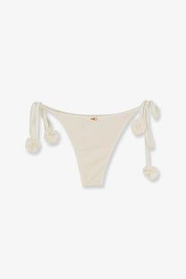 Patbo women’s cream-colored nylon bikini bottom with fluffy pom-pom ties and subtle gold logo at center
