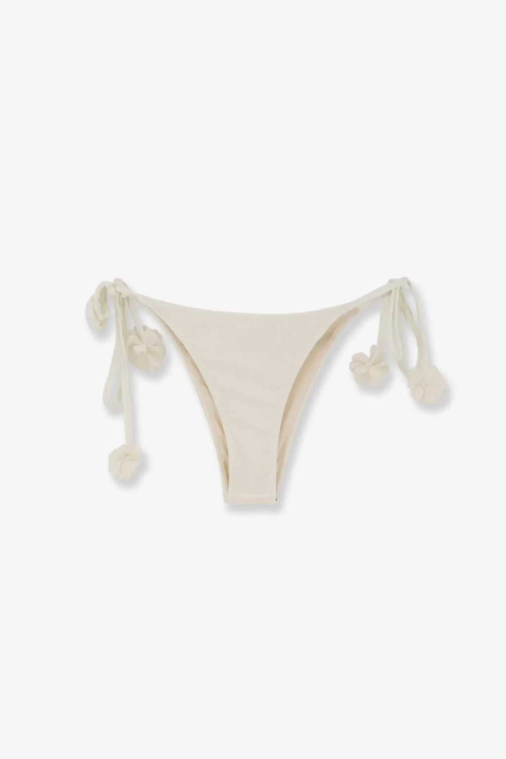 Cream-colored Patbo women’s nylon bikini bottoms with soft stretchy fabric and decorative pom-pom ties on each side
