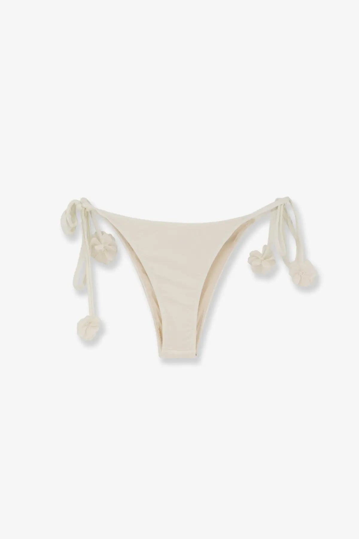 Cream-colored Patbo women’s nylon bikini bottoms with soft stretchy fabric and decorative pom-pom ties on each side