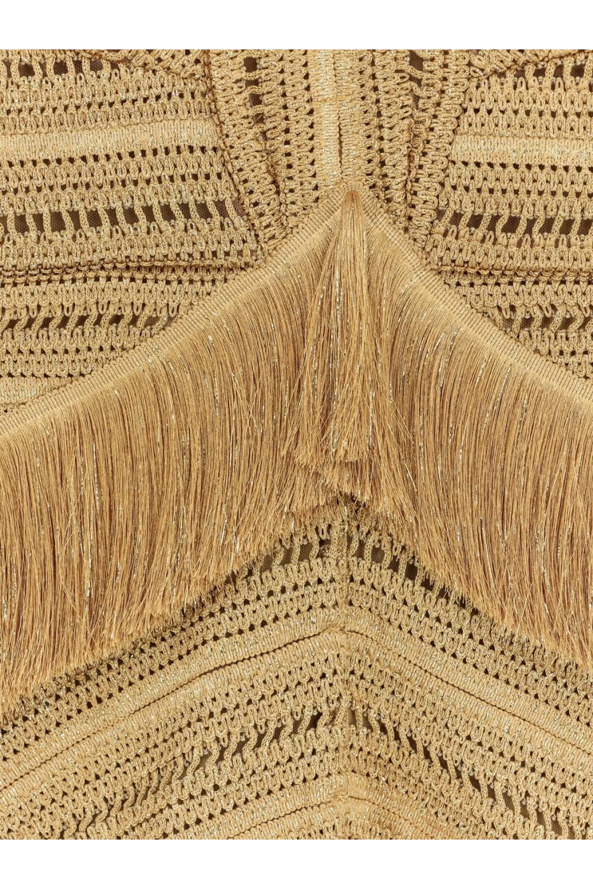 Patbo women’s pampas mini dress in golden crochet with textured pattern and long fringe detailing