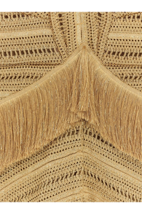 Patbo women’s pampas mini dress in golden crochet with textured pattern and long fringe detailing