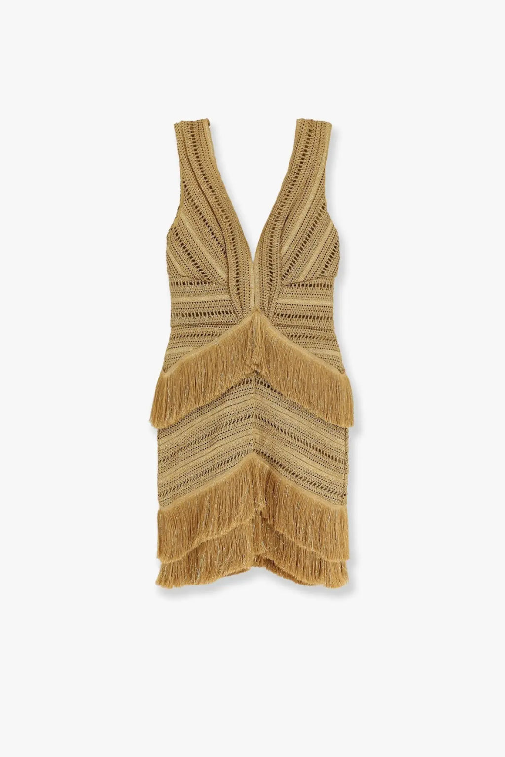 Patbo women’s pampas mini dress in tan knitted fabric with sleeveless design deep v neckline and layered fringe detailing