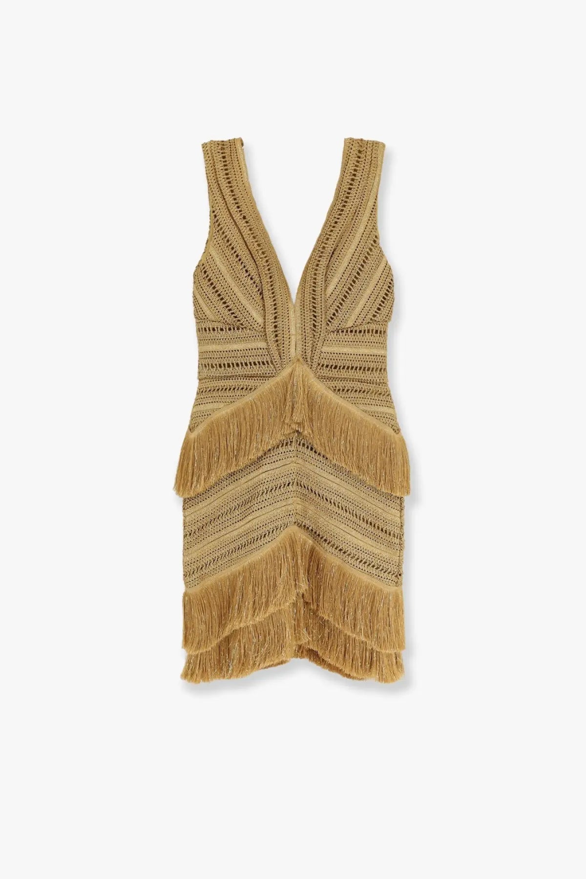 Patbo women’s pampas mini dress in tan knitted fabric with sleeveless design deep v neckline and layered fringe detailing