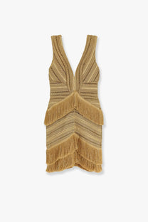 Patbo women’s pampas mini dress in tan knitted fabric with sleeveless design deep v neckline and layered fringe detailing