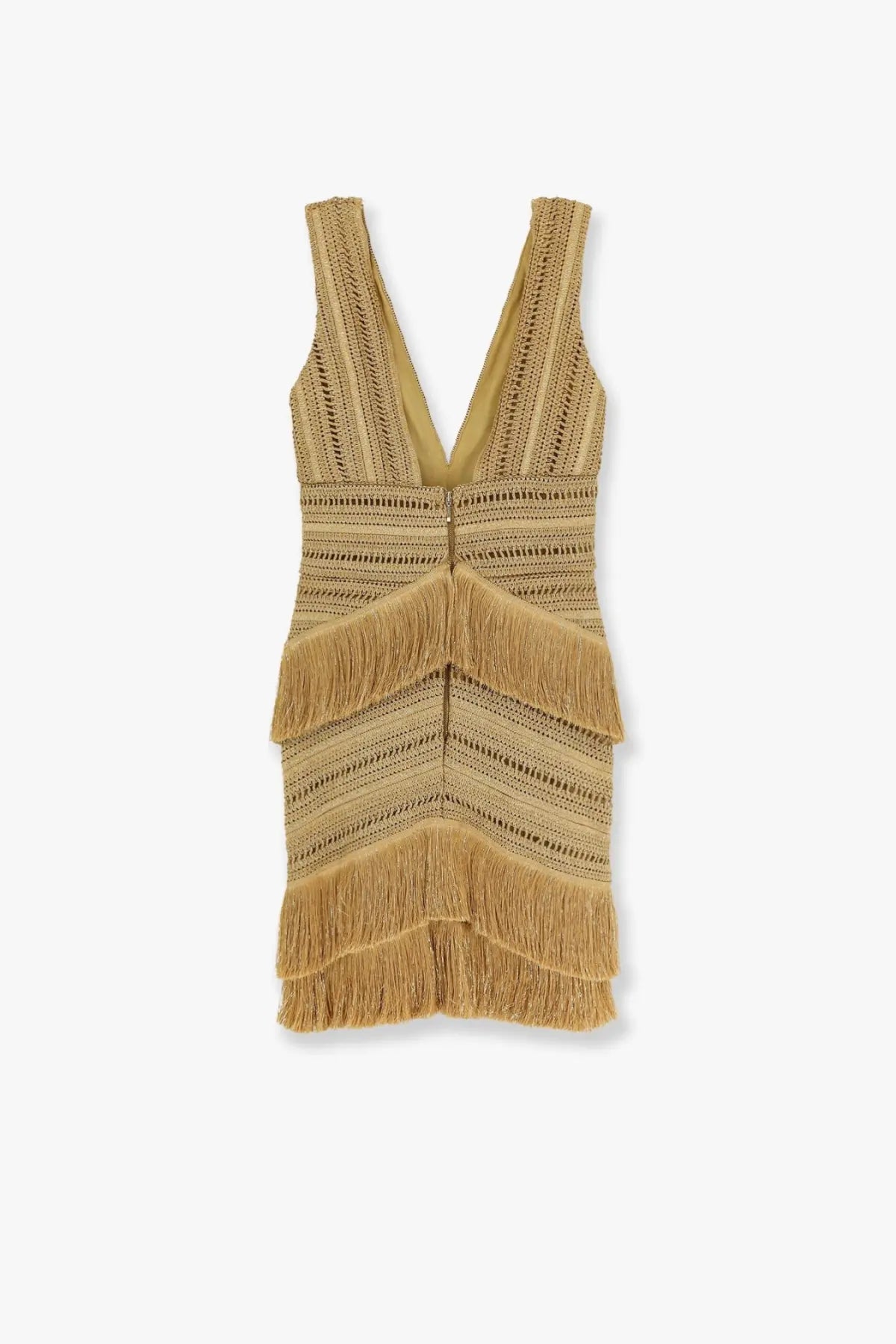 Patbo women’s pampas mini dress is a tan sleeveless knit dress with deep v-neckline and tiered fringe detailing