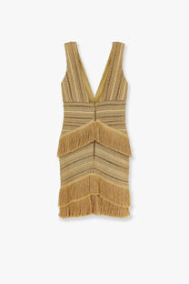 Patbo women’s pampas mini dress is a tan sleeveless knit dress with deep v-neckline and tiered fringe detailing