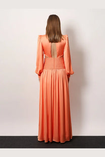 Patbo women’s satin sunset long dress flowing coral satin maxi with long puffed sleeves and fitted textured waistband