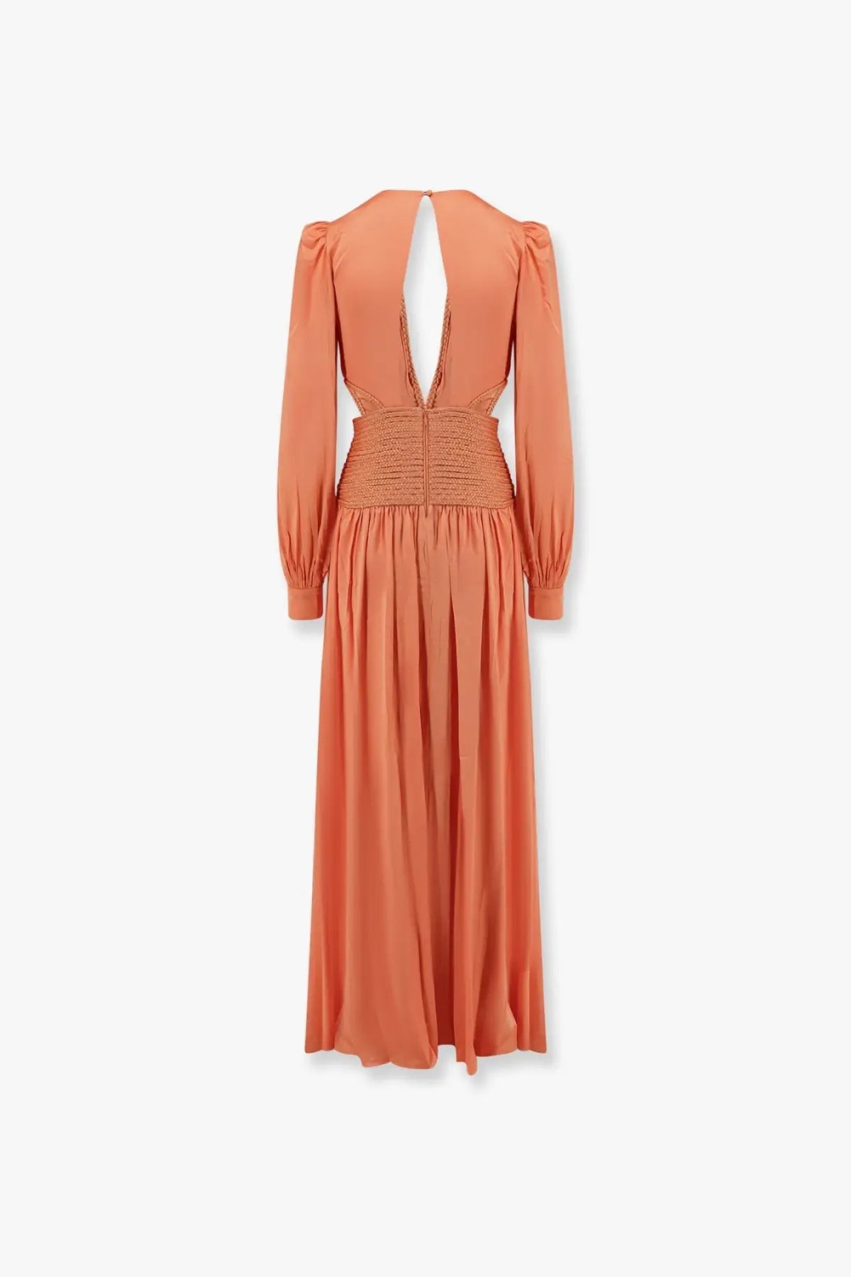 Patbo women’s satin sunset long dress with flowing peach color, long puffed sleeves, and smocked waistband