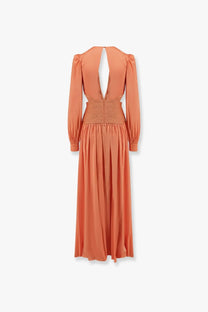 Patbo women’s satin sunset long dress with flowing peach color, long puffed sleeves, and smocked waistband