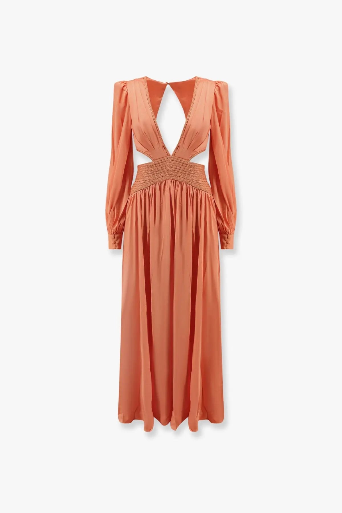 Patbo women’s satin sunset long dress in peach with long puffed sleeves and cut-out details at waist and back shown from back