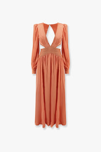 Patbo women’s satin sunset long dress in peach with long puffed sleeves and cut-out details at waist and back shown from back