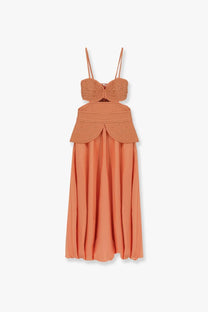 Patbo women’s satin sunset midi dress in peach with crocheted bodice peplum thin straps and flowing chiffon skirt