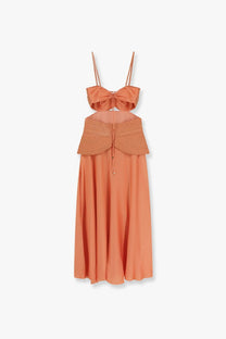 Patbo women’s satin sunset midi dress in peach with thin straps tied bow bust and textured woven waist panel