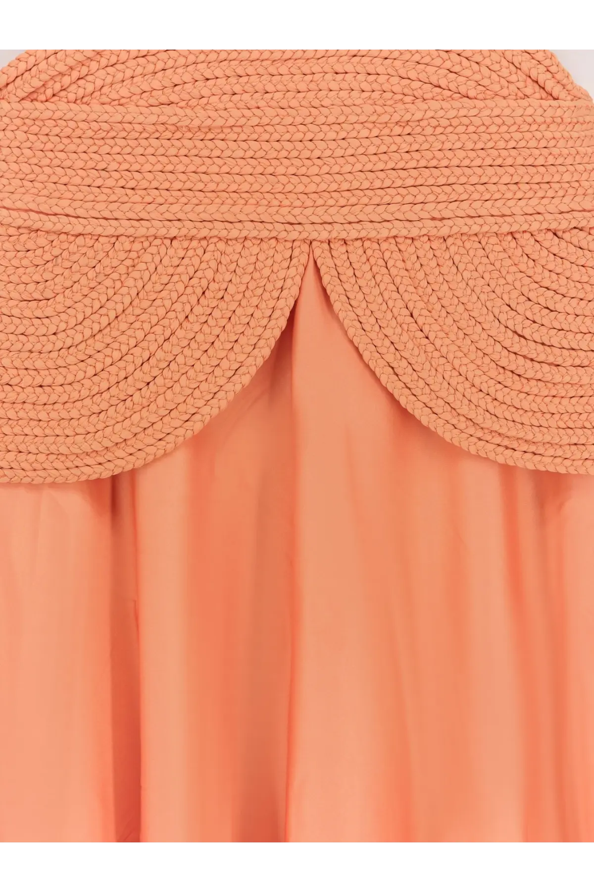 Patbo women’s satin sunset midi dress in peach with woven textured shoulder detail and flowing fabric