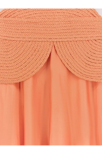 Patbo women’s satin sunset midi dress in peach with woven textured shoulder detail and flowing fabric