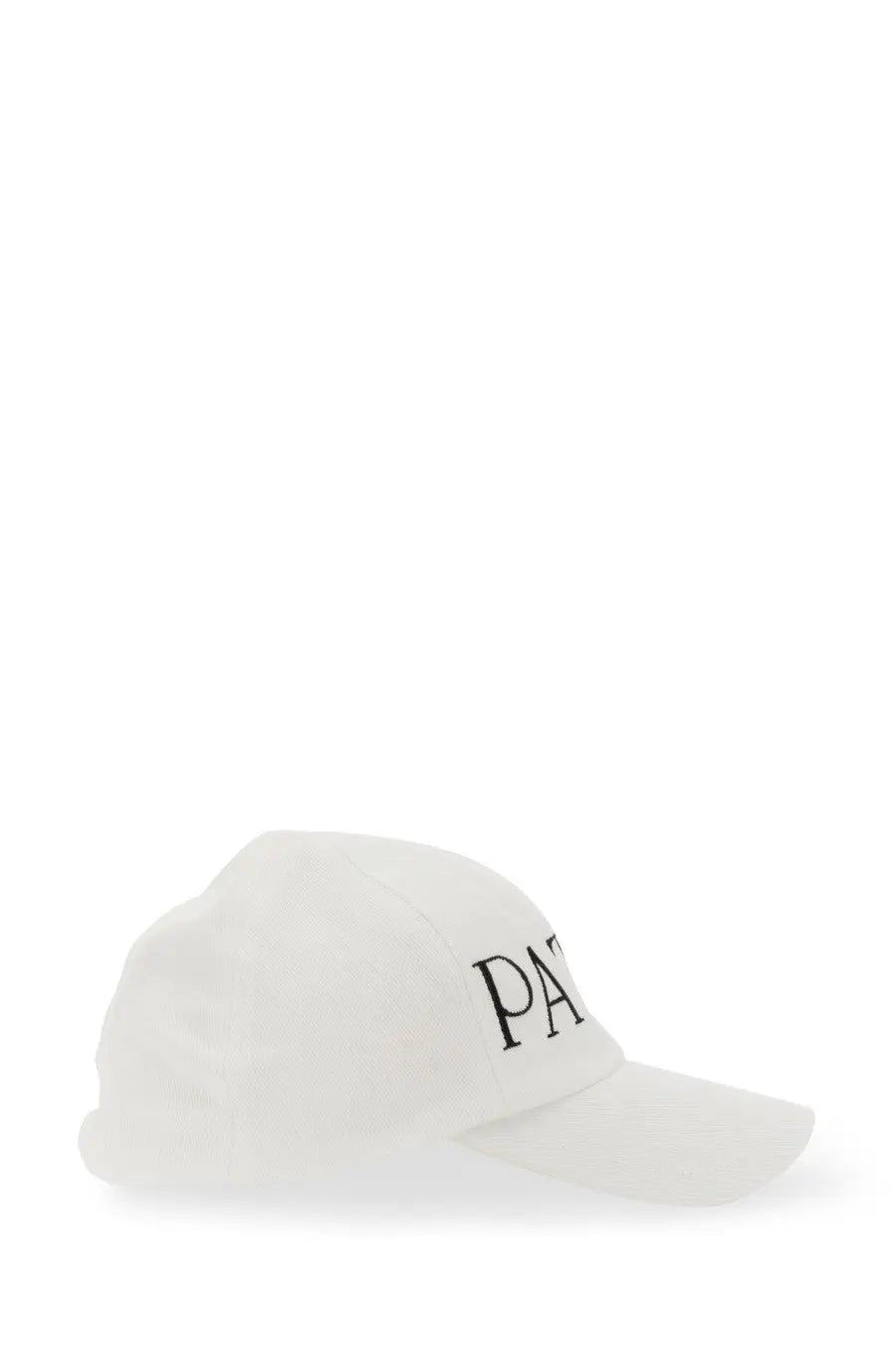 Patou women’s white baseball cap with black embroidered pan lettering on front made of cotton