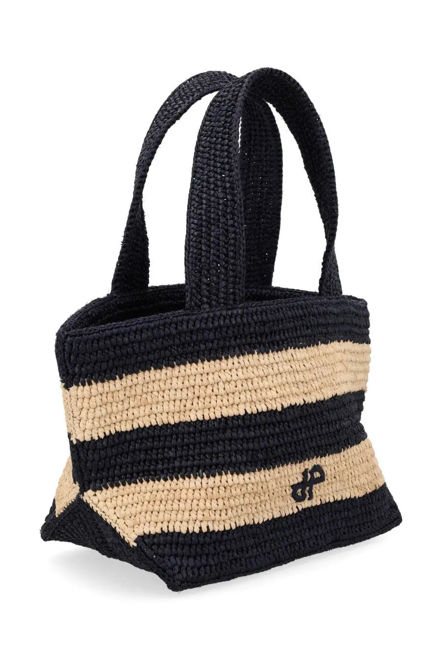 Patou women’s borsa tote trapezio multicolor black and beige striped woven straw bag with embroidered logo on front