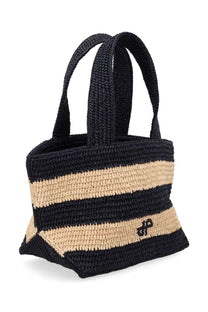 Patou women’s borsa tote trapezio multicolor black and beige striped woven straw bag with embroidered logo on front