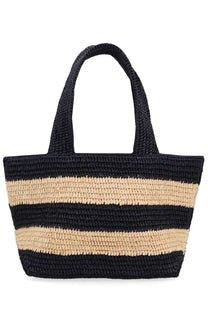 Patou women’s borsa tote trapezio multicolor black and beige striped woven straw tote bag with sturdy handles
