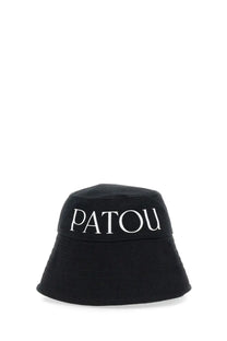 Black patou women’s bucket hat featuring bold white embroidered lettering on front in soft fabric