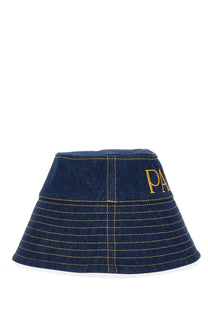 Patou women’s denim bucket hat in blue with gold embroidery and contrasting stitching visible from the back side