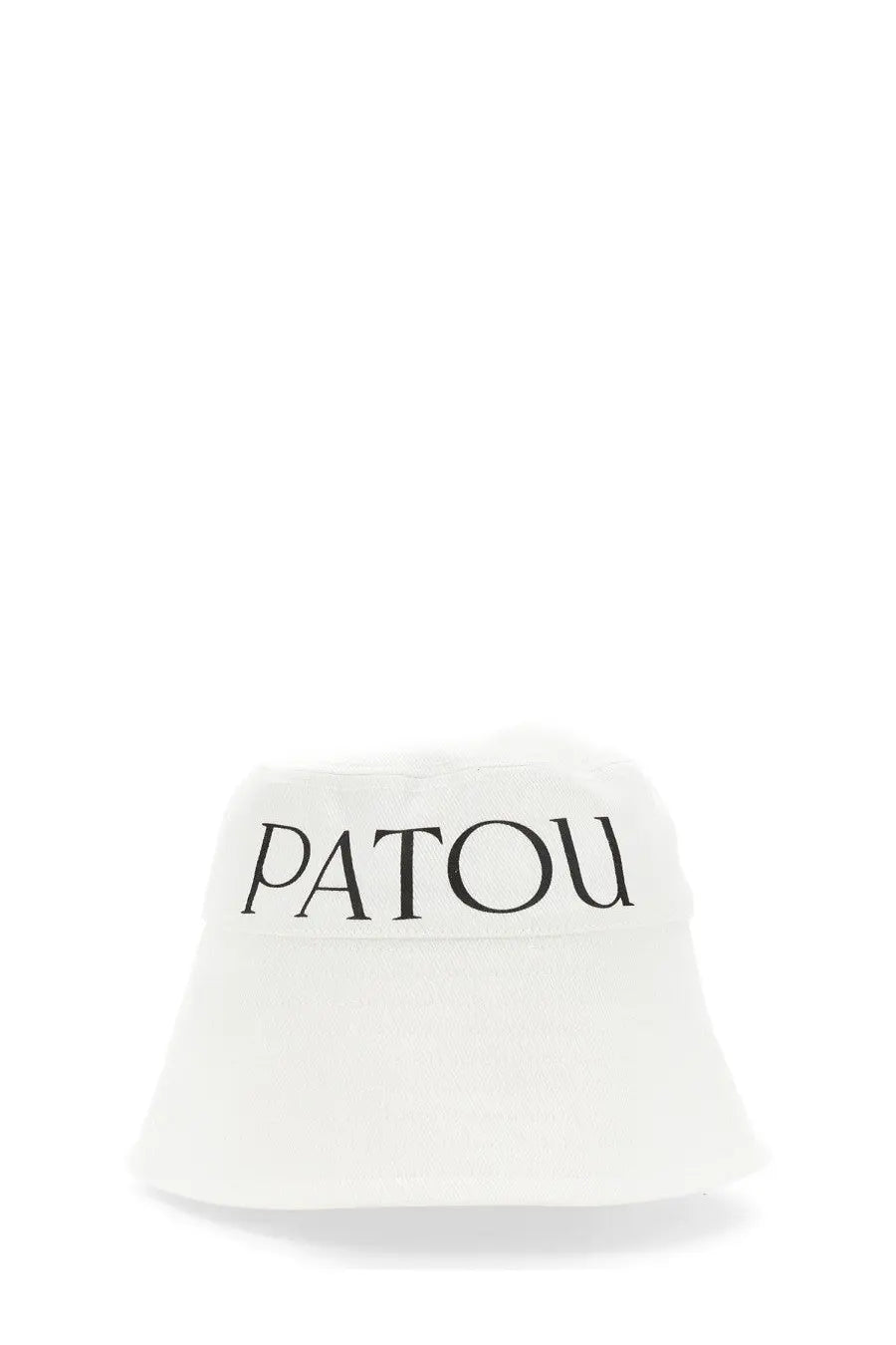 White Patou bucket hat with black embroidered logo front in a soft fabric designed for women’s casual wear