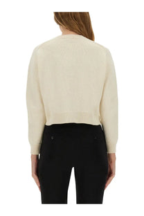 Patou women’s cardigan beige cream-colored cropped knit sweater with ribbed cuffs and hem