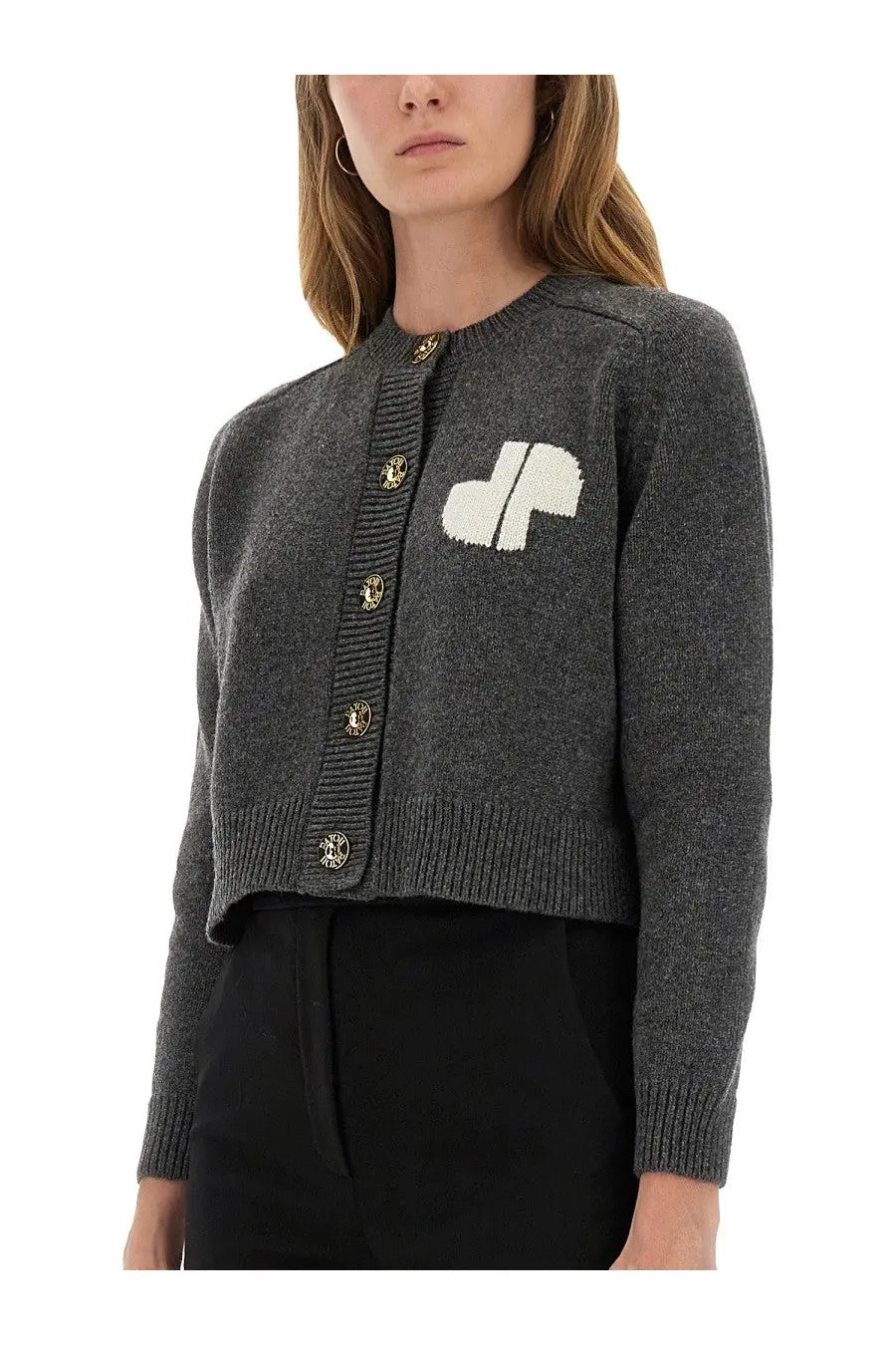 Patou women’s dark gray knit cardigan with white abstract logo on chest and gold-toned buttons