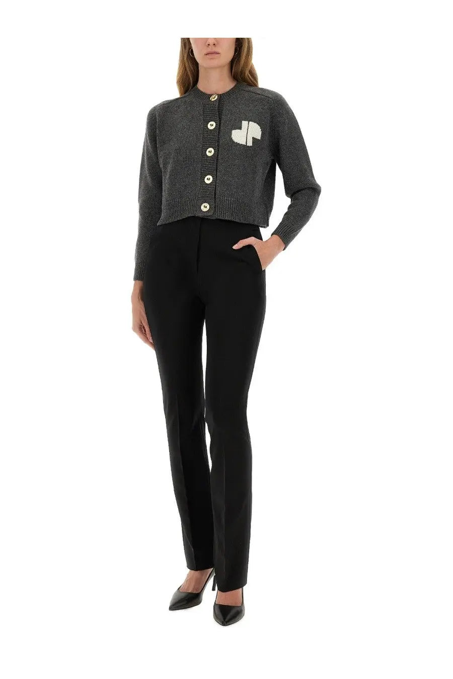 Patou women’s grey dark gray textured knit cardigan with white embroidered logo and cream-colored buttons