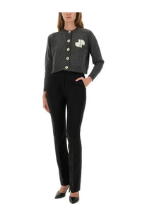 Patou women’s grey dark gray textured knit cardigan with white embroidered logo and cream-colored buttons