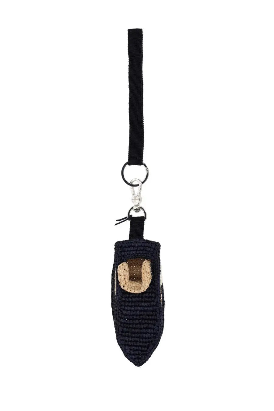 Patou women’s charm boat blue black woven keychain pouch with tan and gold embroidered horseshoe design