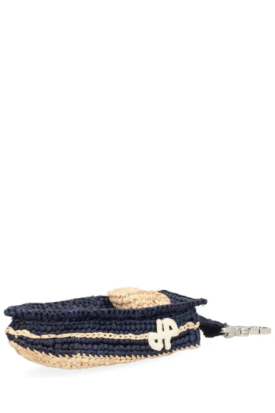 Patou women’s charm boat blue navy blue and beige woven straw crossbody bag with silver-tone clasp