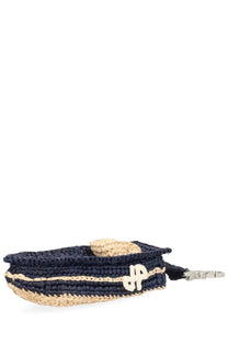 Patou women’s charm boat blue navy blue and beige woven straw crossbody bag with silver-tone clasp