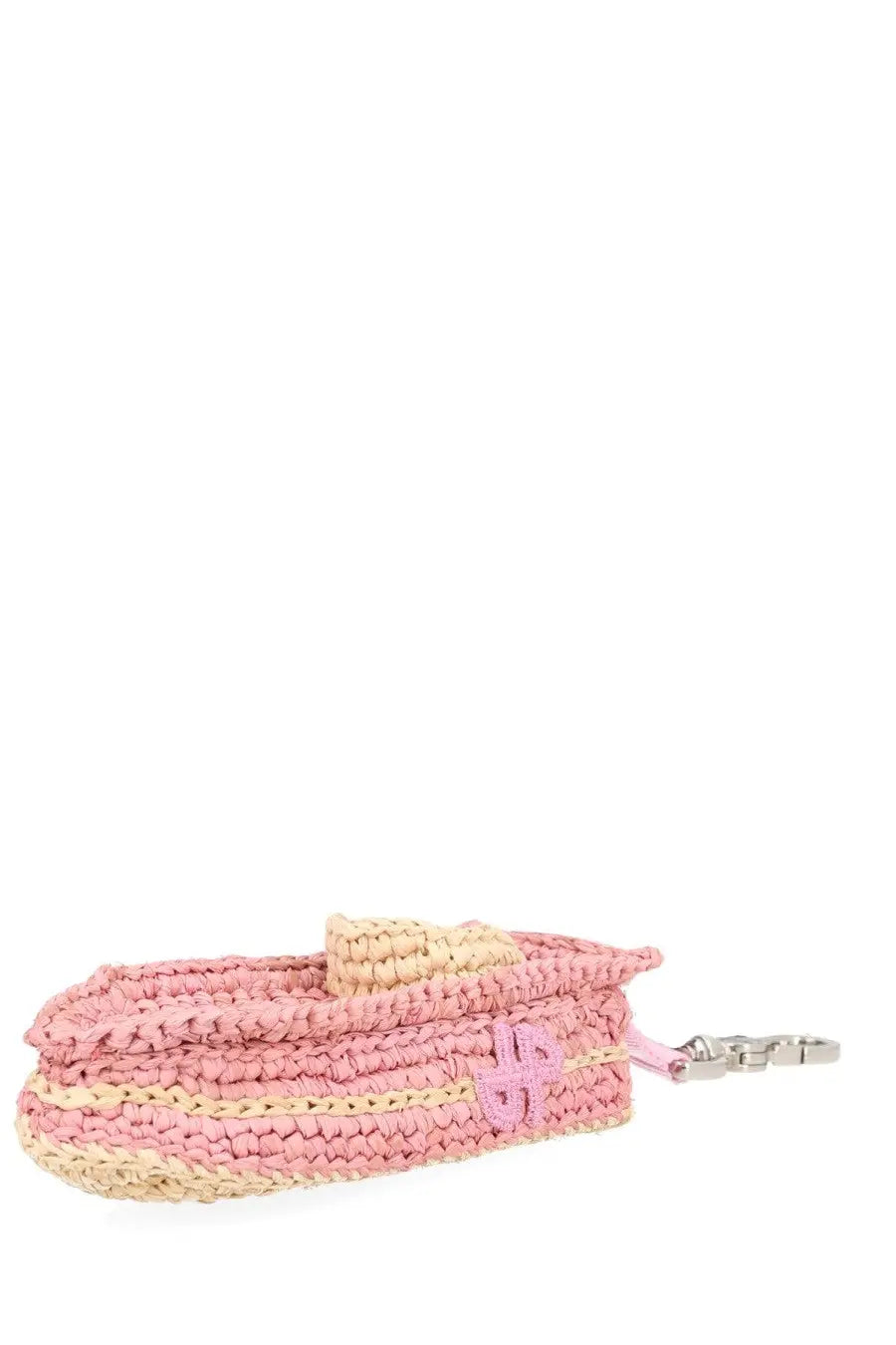 Patou womens charm boat blue pink and beige woven straw keychain shaped like a miniature boat with pink logo