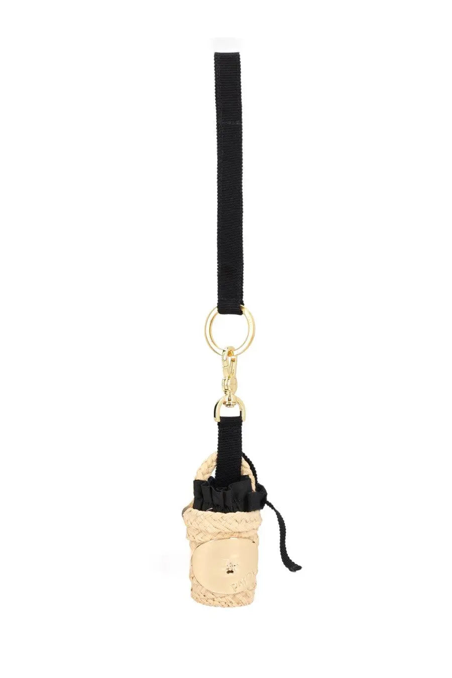 Patou women charm bucket beige with a beige straw wine cork keychain black drawstring and gold-tone hardware