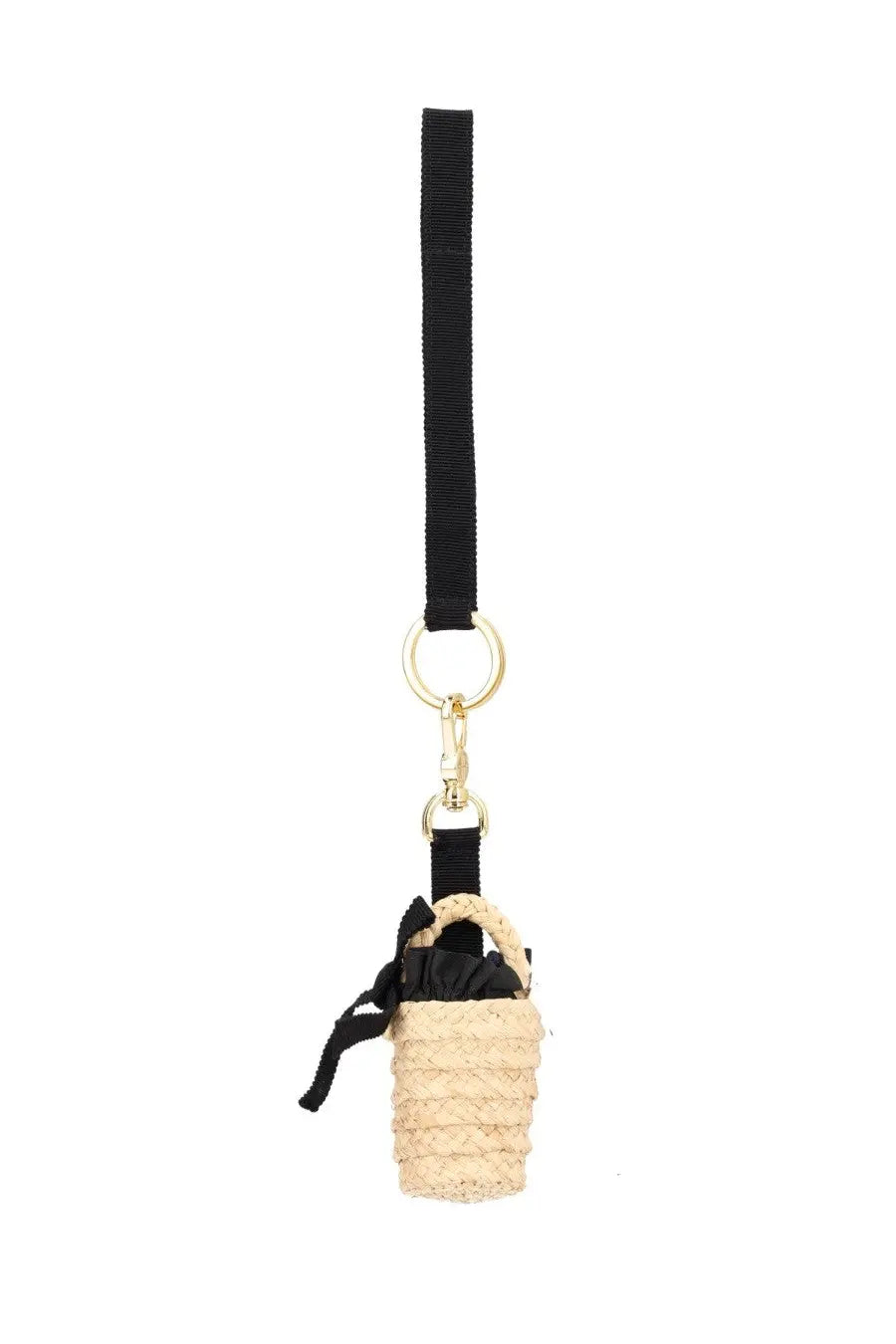 Patou women’s charm bucket beige woven straw mini basket with black drawstring and strap