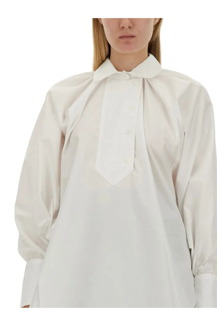 Patou women’s white cotton blouse with oversized collar and voluminous sleeves in a crisp button-up design