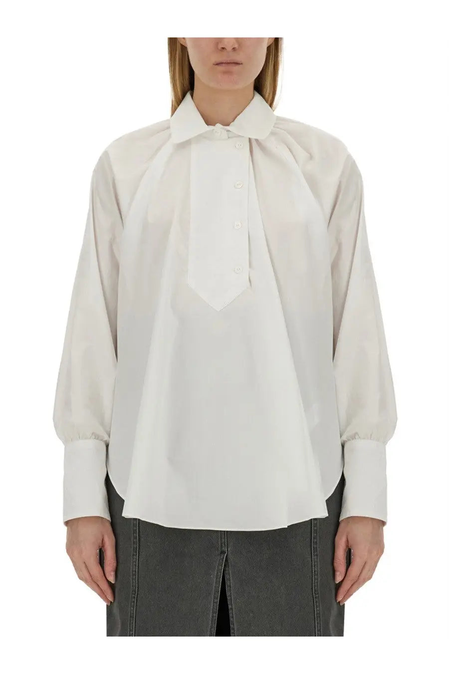 Patou women’s white cotton blouse featuring a crisp button-up style with a tie-front design and puffed sleeves
