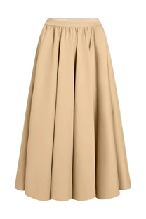 Patou women cotton maxi skirt beige a-line midi style with soft beige pleated waistband in lightweight smooth fabric