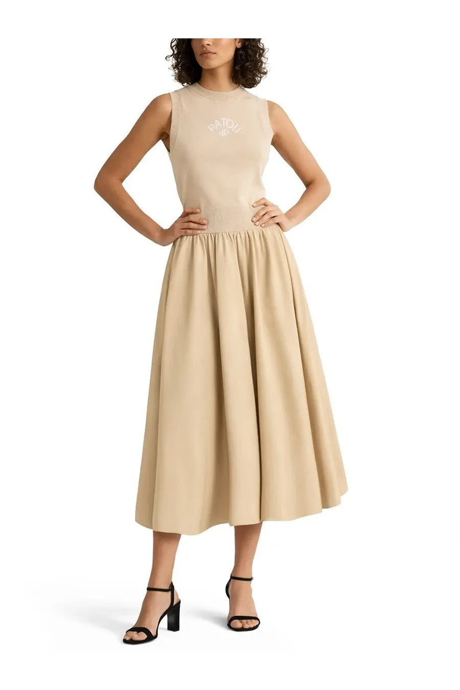 Beige sleeveless midi dress with fitted bodice and flared skirt featuring subtle white embroidery by Patou