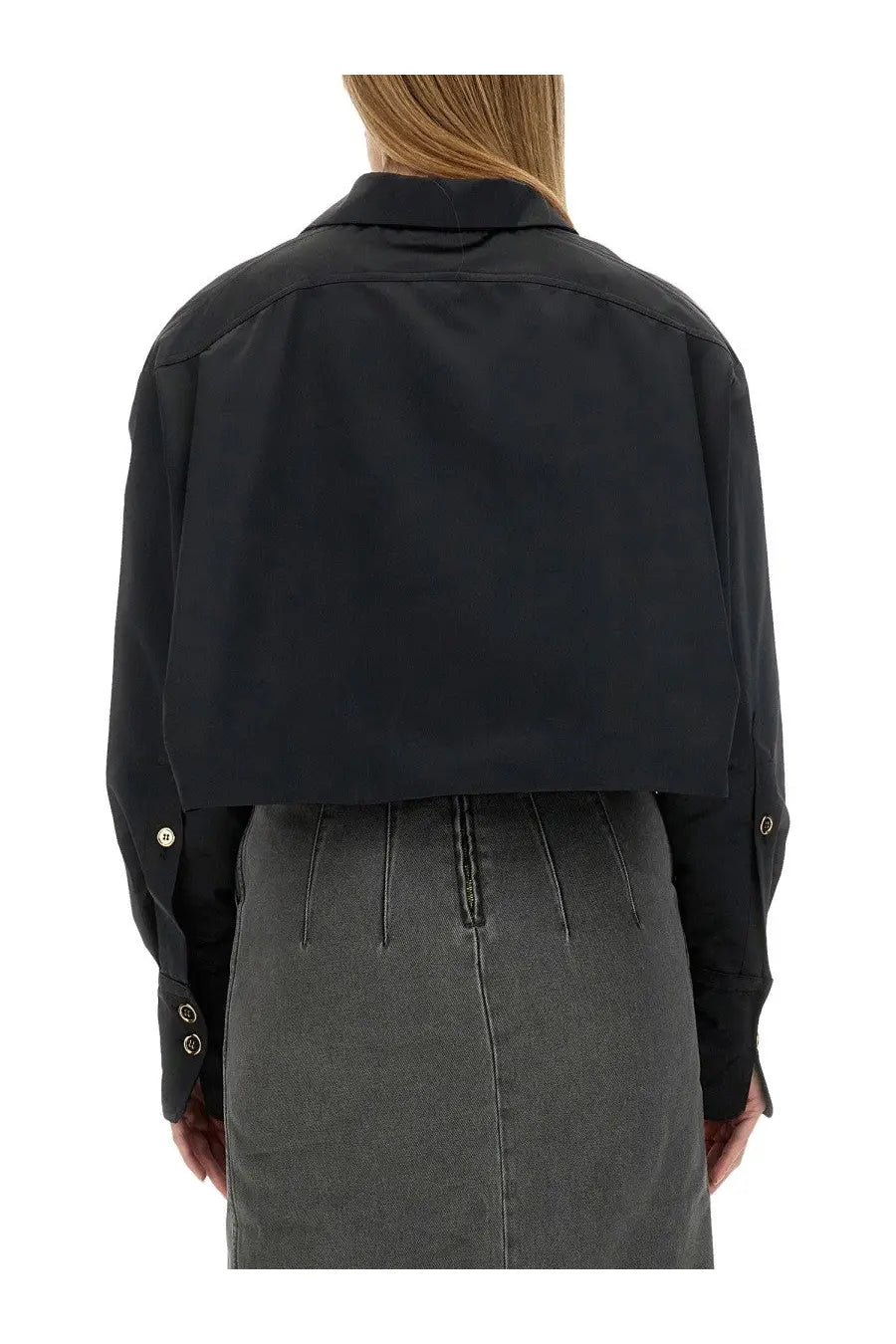 Patou women’s cropped fit black jacket with structured collar and gold-tone button details