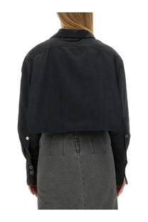 Patou women’s cropped fit black jacket with structured collar and gold-tone button details