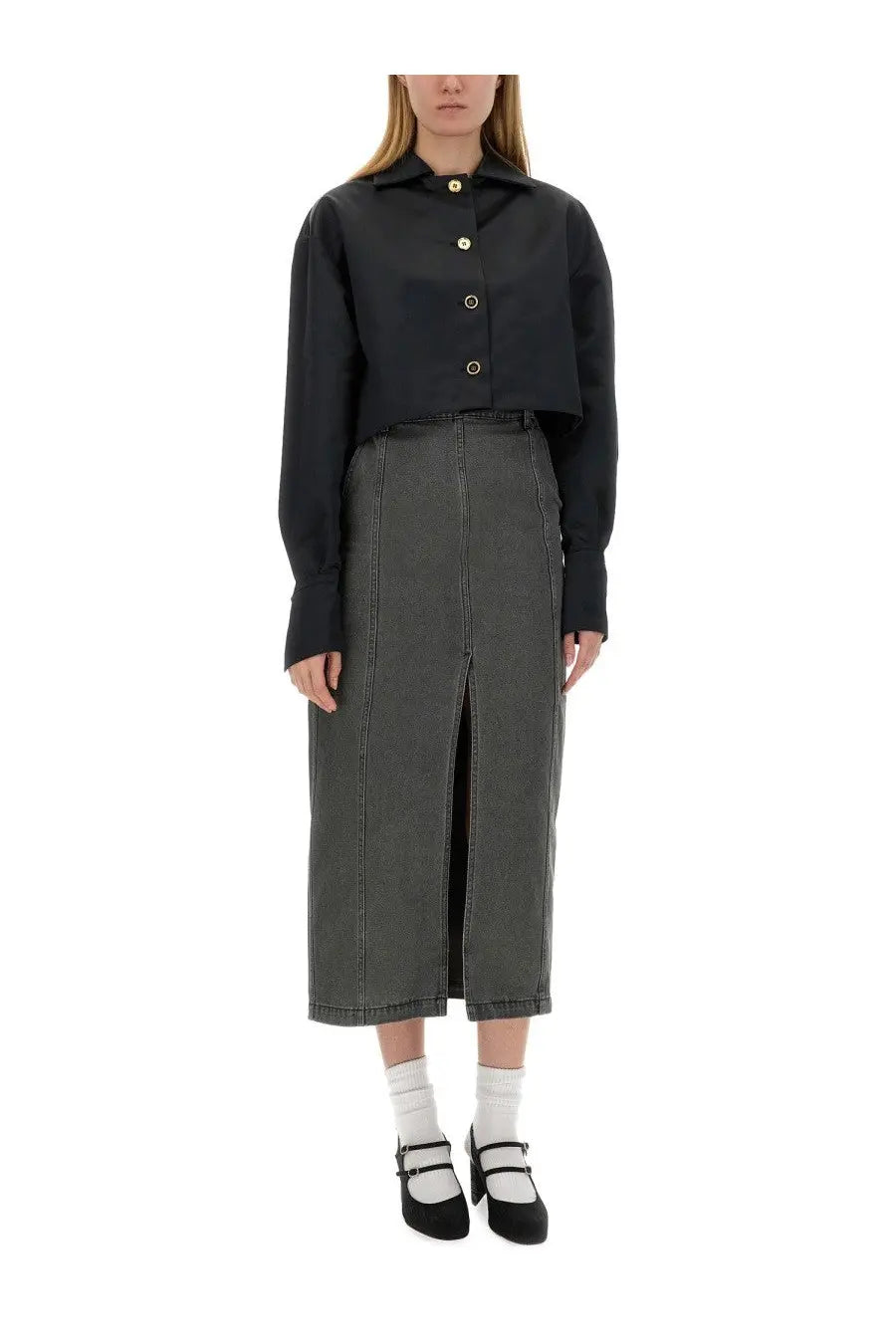 Patou women’s cropped fit black jacket with collar gold-tone buttons long-sleeved button-up shirt style