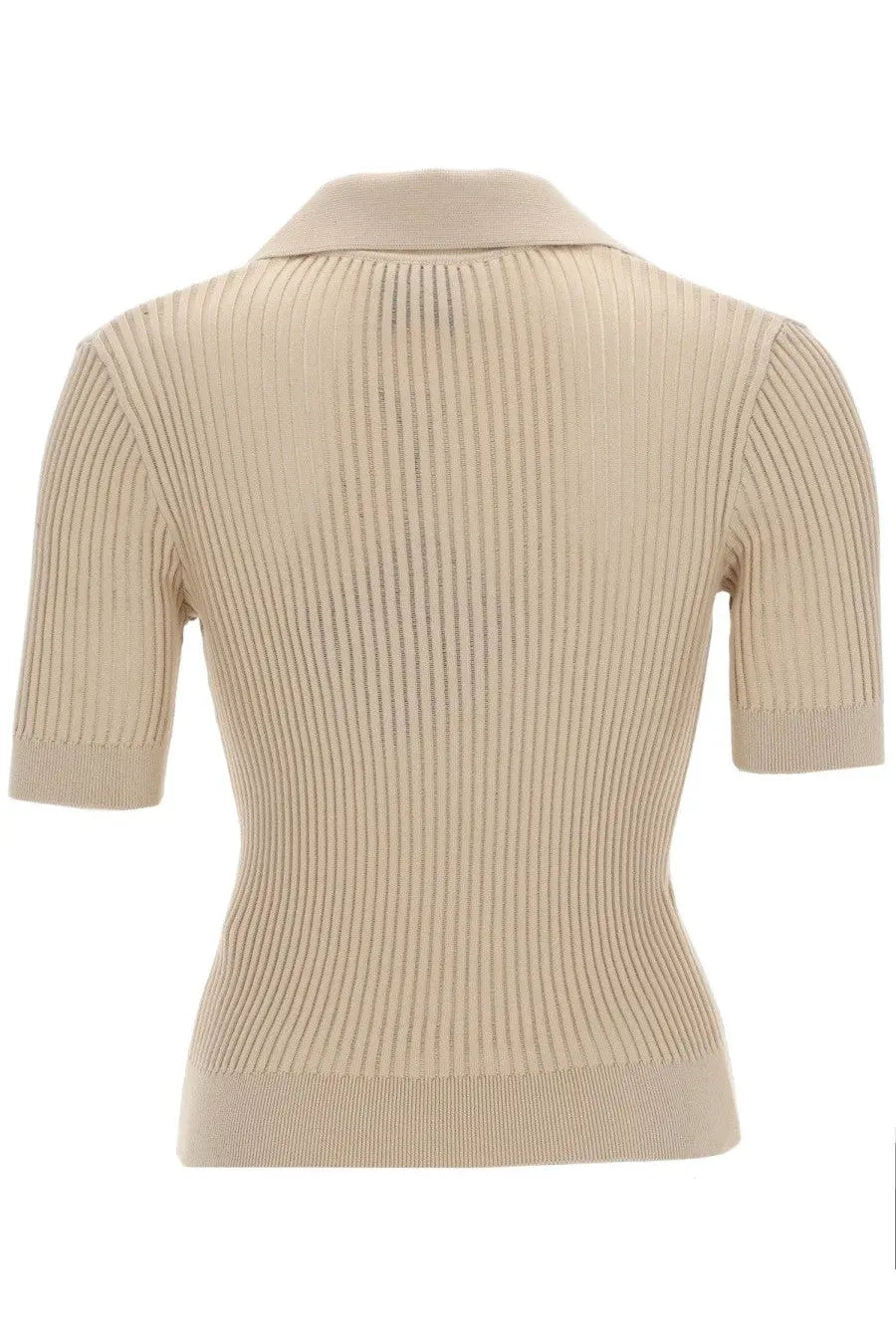Beige ribbed knit cotton polo shirt with short sleeves and classic collar from Patou womens embroidered collection