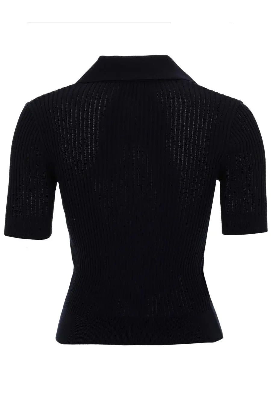 Black ribbed knit short-sleeved top with a collar paired with patou women’s embroidered cotton polo shirt blue