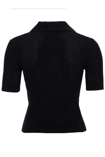 Black ribbed knit short-sleeved top with a collar paired with patou women’s embroidered cotton polo shirt blue