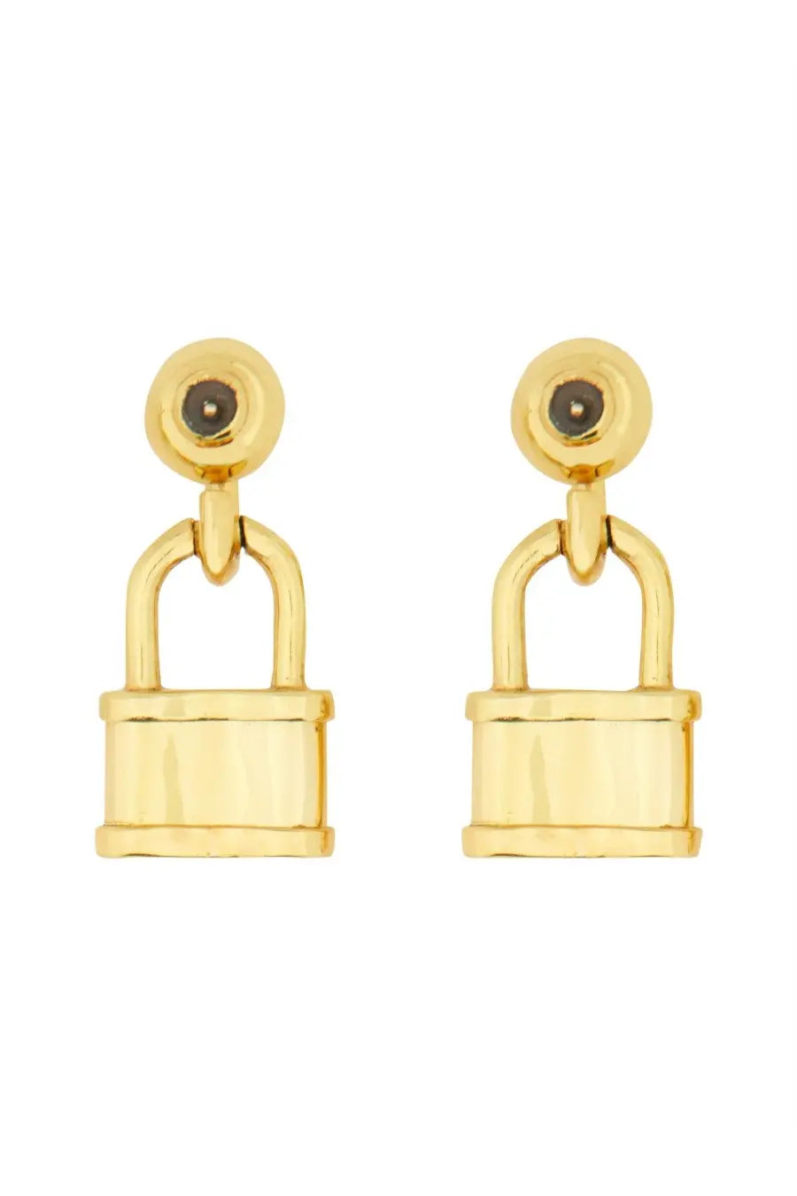 Patou women’s extra small gold earrings in a padlock shape with a small dark gemstone on the top circular part